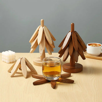 Christmas Wooden Tree Coaster Set